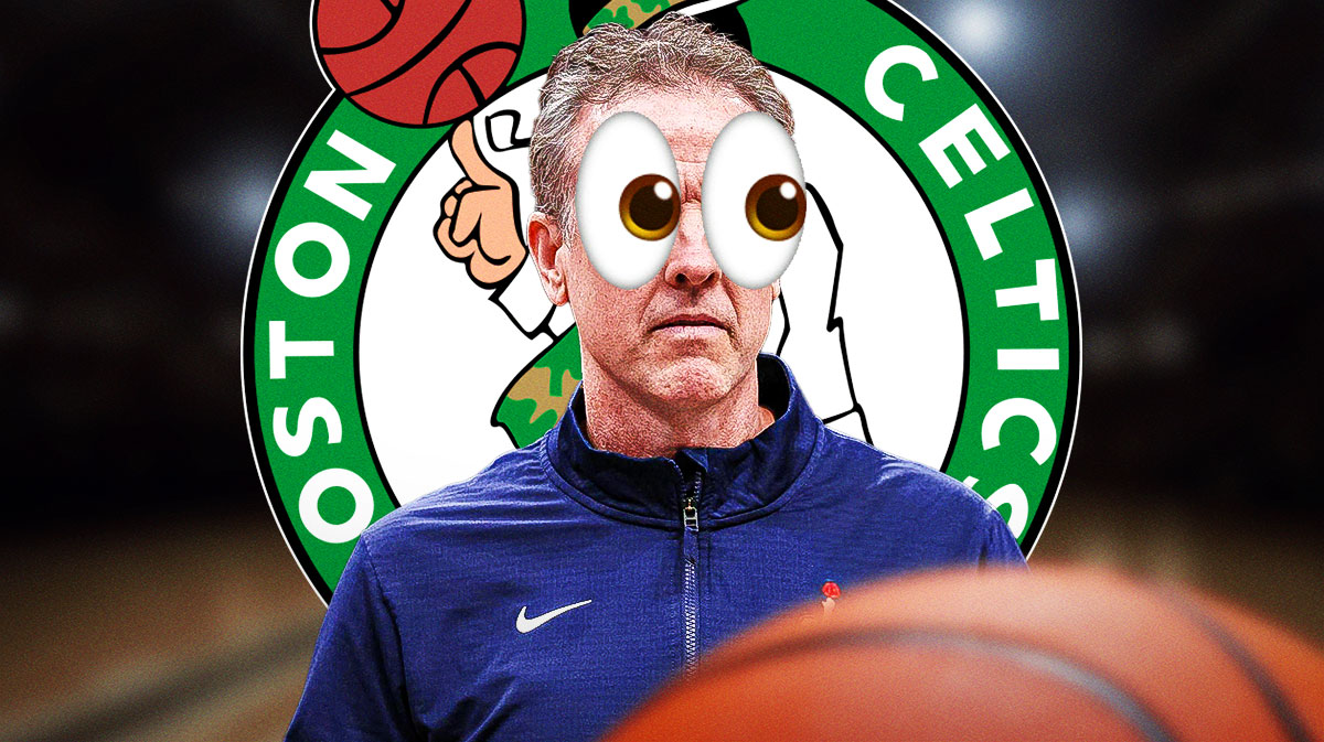 Brian Keefe looks at Celtics logo with bulging eyes