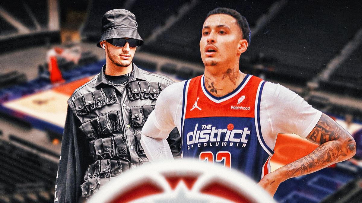 Kyle Kuzma looking disappointed at Kyle Kuzma wearing a crazy outfit