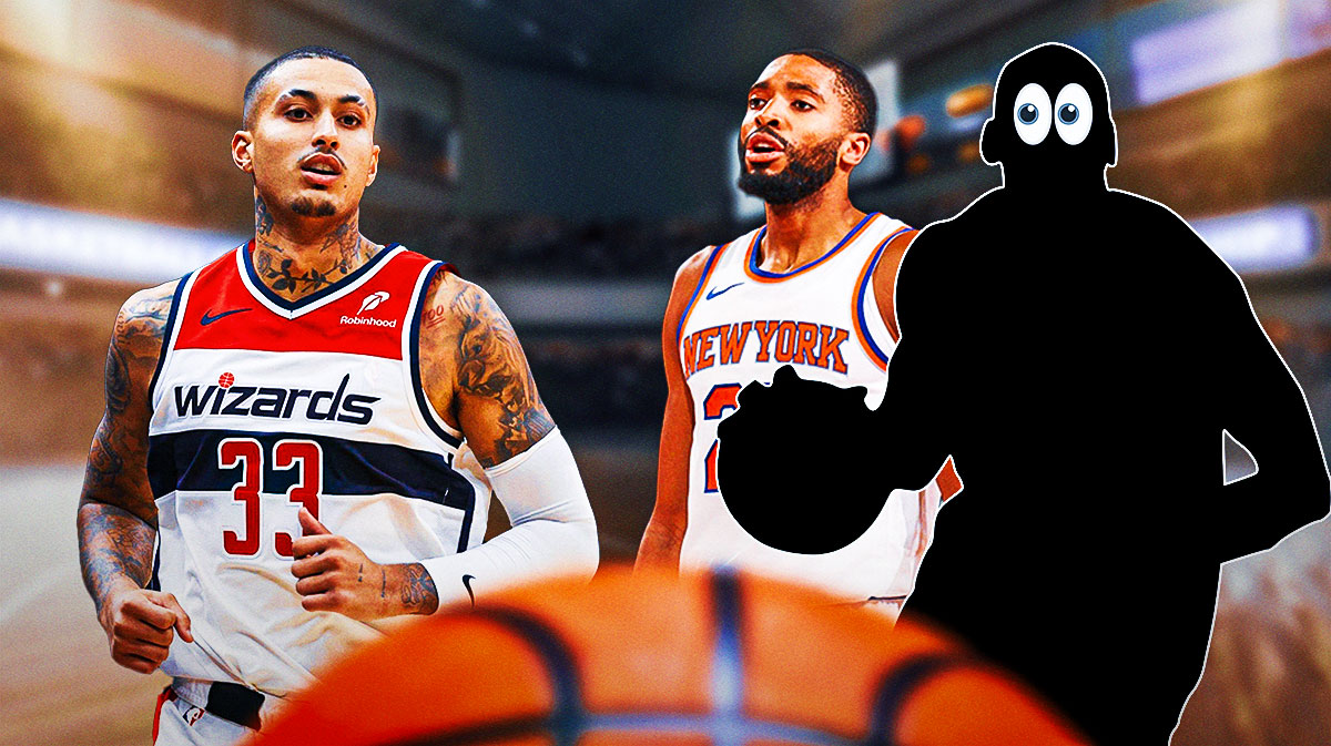 Kyle Kuzma looks at Mikal Bridges and a silhouette with bulging eyes