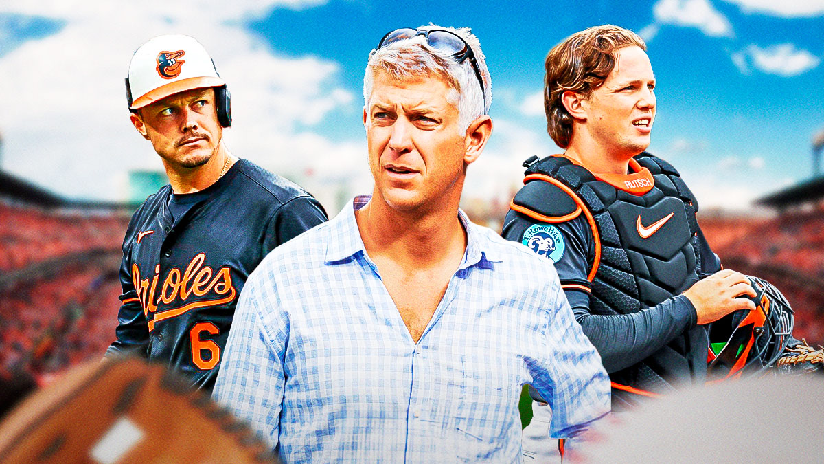 Baltimore Orioles GM Mike Elias (no smile) - Orioles players Adley Rutschman and Ryan Mountcastle