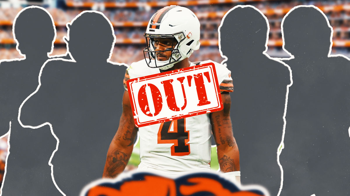 Browns' Deshaun Watson with "OUT" stamped over him surrounded by four silhouettes of Joe Flacco, Bryce Young, Gardner Minshew, and Russell Wilson all in action