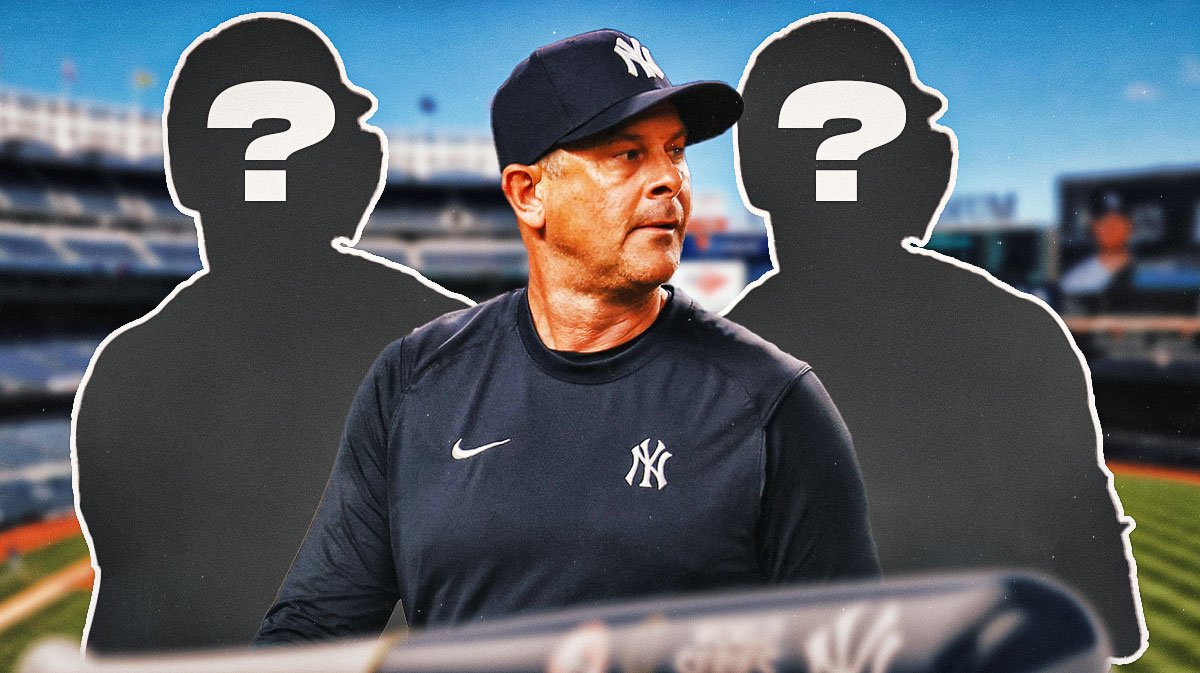New York Yankees manager Aaron Boone looking mad/upset in center, player silhouettes with question marks on left and right sides, Dodger Stadium (home stadium of the Los Angeles Dodgers) in background