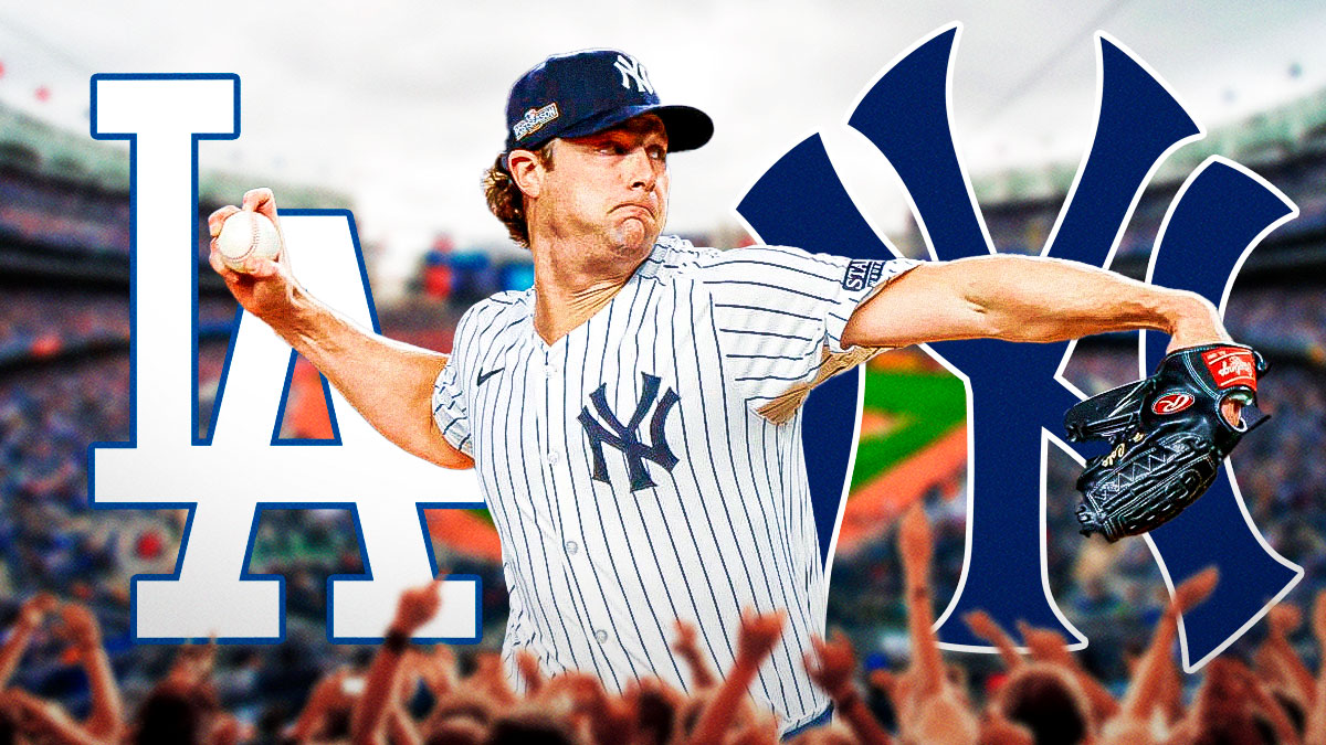 Yankees Gerrit Cole pitching a baseball in front. New York Yankees and Los Angeles Dodgers 2024 logos in background.