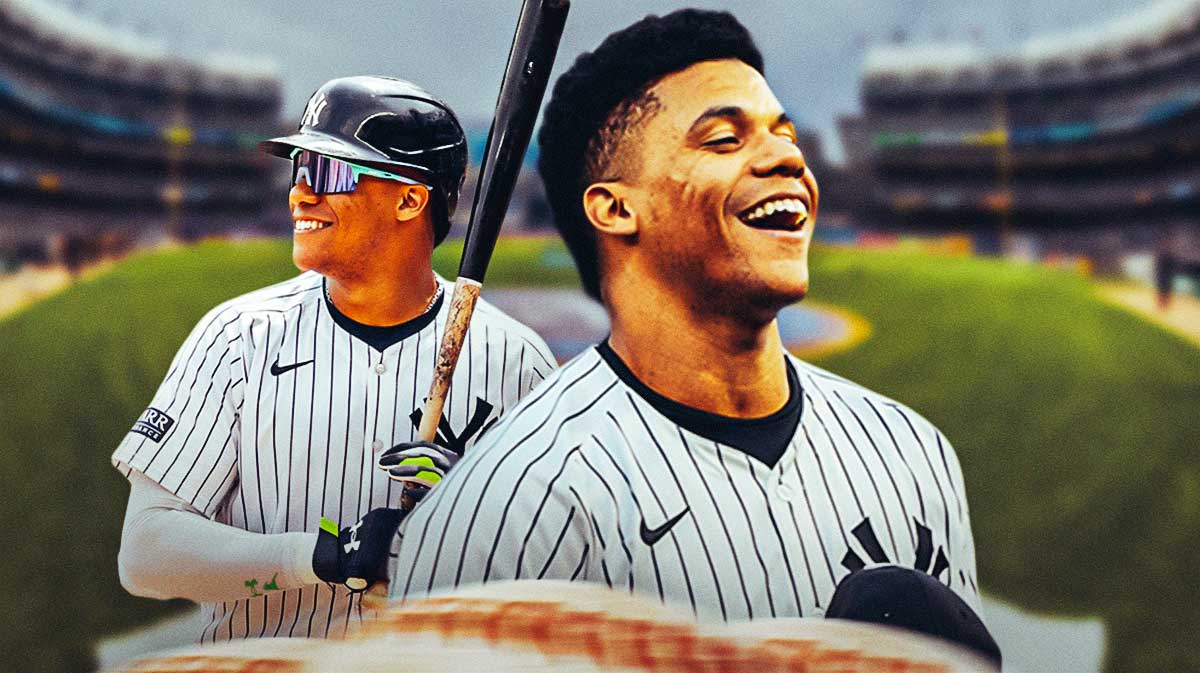 New York Yankees player Juan Soto smiling or looking excited - Yankees fans cheering in background