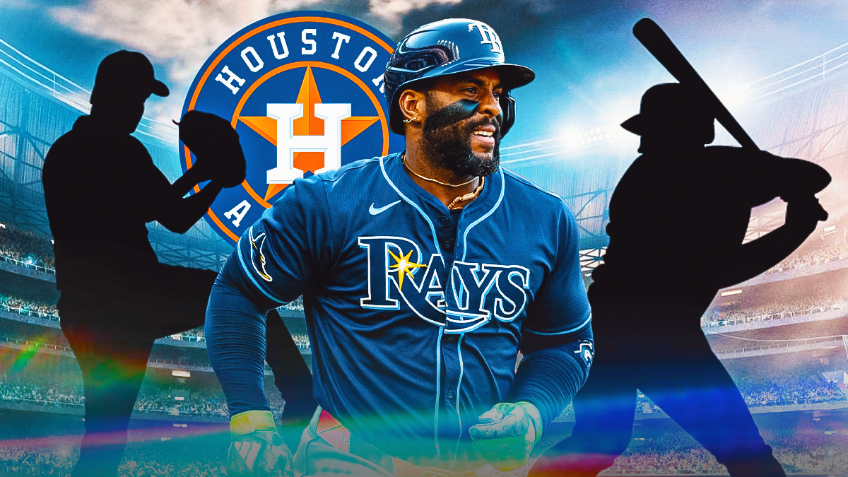 Rays Yandy Diaz and two random players' silhouettes behind the Astros logo