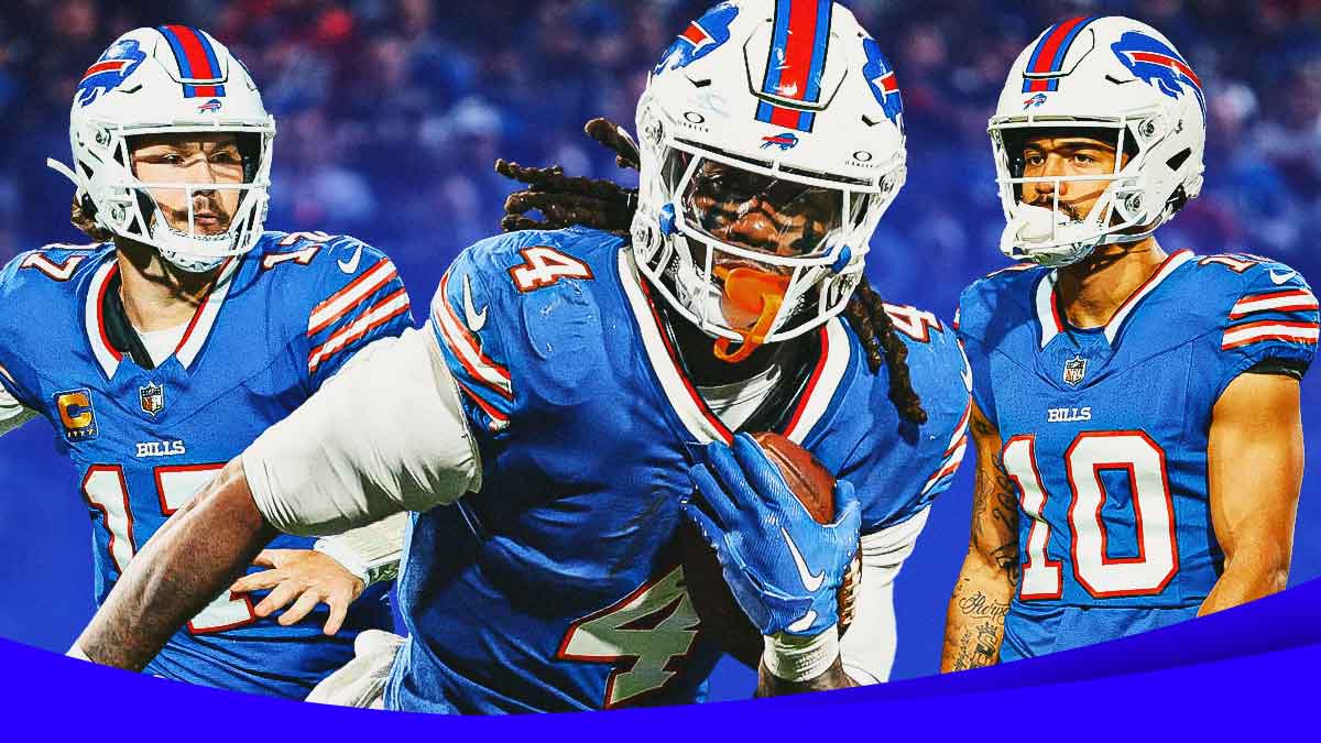 Josh Allen in Buffalo Bills jersey, James Cook in Bills jersey, Khalil Shakir in Bills jersey