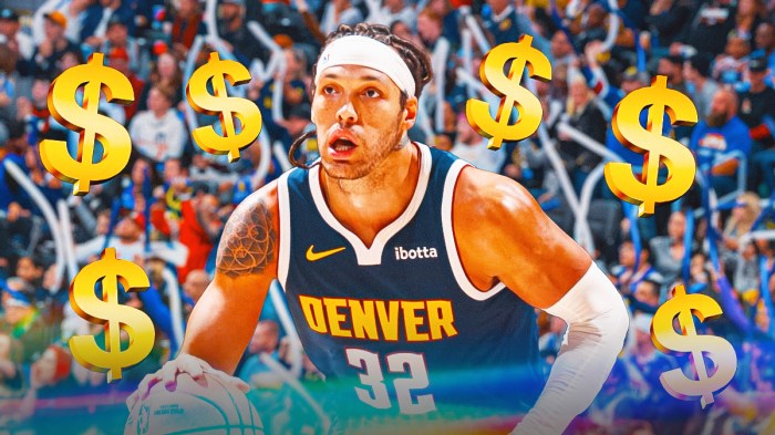 Aaron Gordon surrounded by money signs and happy Nuggets fans.