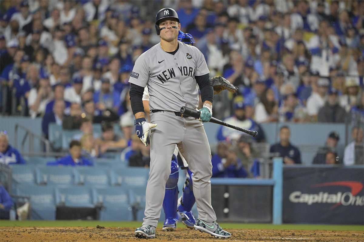 New York Yankees first baseman Anthony Rizzo (48) strikes out in the sixth inning against the Los Angeles Dodgers during game one of the 2024 MLB World Series at Dodger Stadium