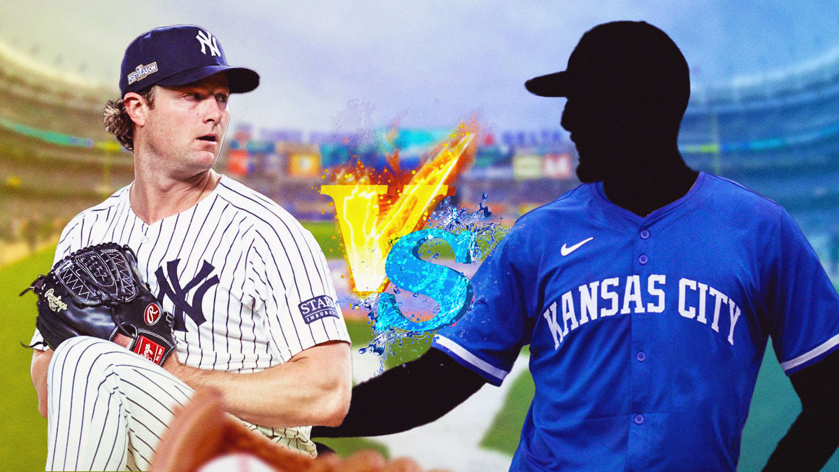 Photo: Gerrit Cole in Yankees jersey VS silhouette of Michael Wacha in Royals jersey