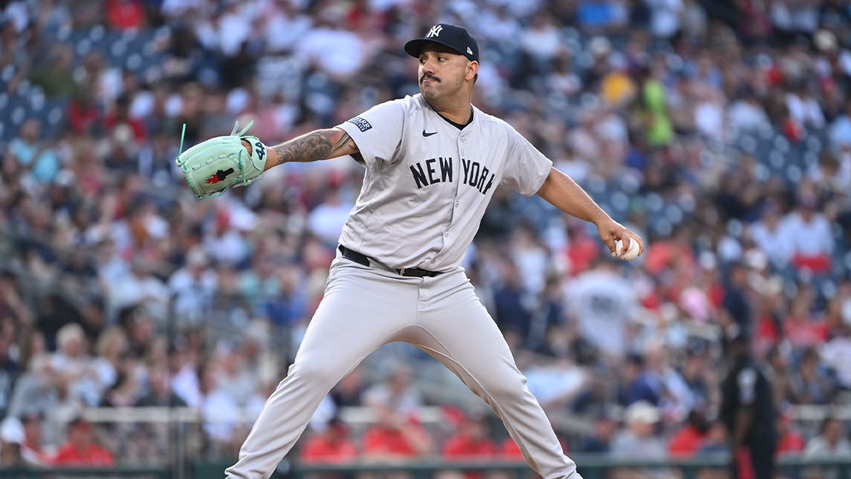 New York Yankees starting pitcher Nestor Cortes (65) throws a pitch against the Washington Nationals during the first inning at Nationals Park