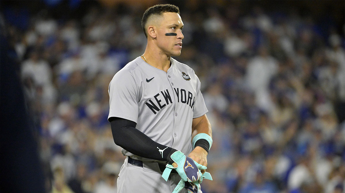 New York Yankees outfielder Aaron Judge (99) reacts after striking out in the sixth inning against the Los Angeles Dodgers during game two of the 2024 MLB World Series at Dodger Stadium.
