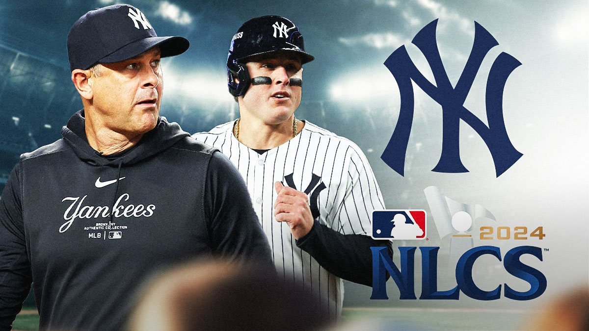 Aaron Boone, Anthony Rizzo, Yankees logo, ALCS logo.