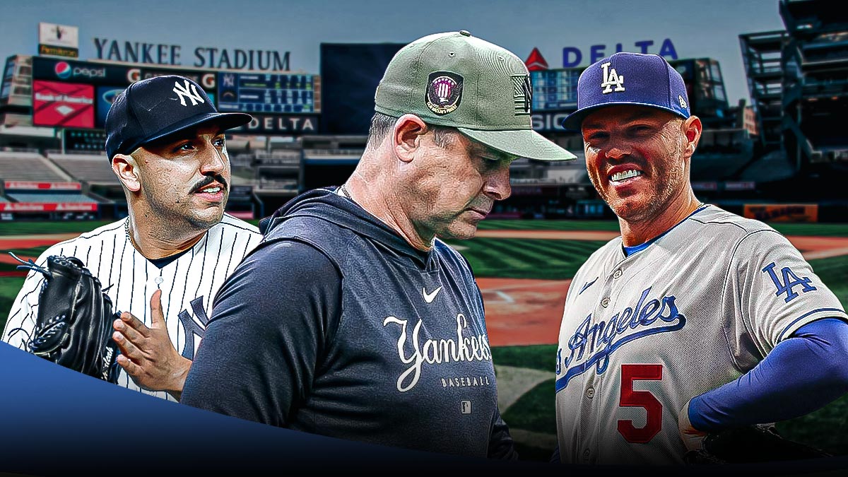 Yankees' Aaron Boone looking frustrated, with Nestor Cortes beside him. Dodgers' Freddie Freeman celebrating beside them