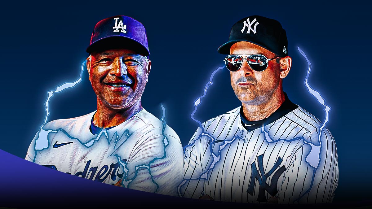 Yankees Aaron Boone (Dark navy blue lightning behind him) next to Dave Roberts (Blue lightning behind him) getting ready for the World Series