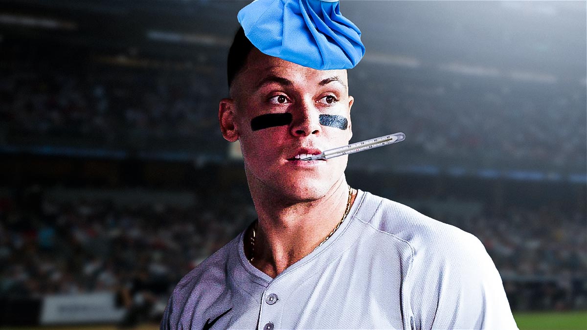 Aaron Judge with an icebag on his head and a thermometer sticking out his mouth