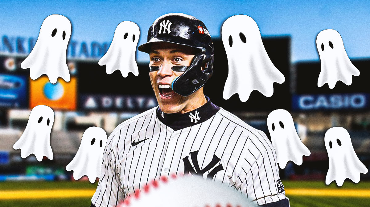 Yankees' Aaron Judge hyped up, with cartoon ghosts all over him and Yankee Stadium in the background