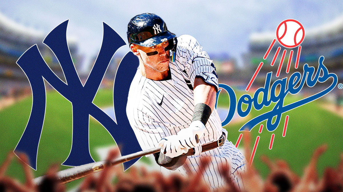 New York Yankees outfielder Aaron Judge swinging a bat in center, New York Yankees logo on right side, Los Angeles Dodgers logo on left side, Yankee Stadium (home stadium of the New York Yankees) in background