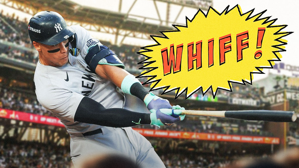 Yankees' Aaron Judge swinging with whiff comic symbol beside him