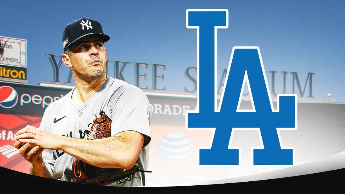Carlos Rodon stares at Dodgers logo intensely