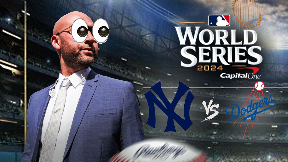 Derek Jeter wearing a suit on left with eyes popping out. On right, place the Yankees vs. Dodgers World Series 2024 logo.