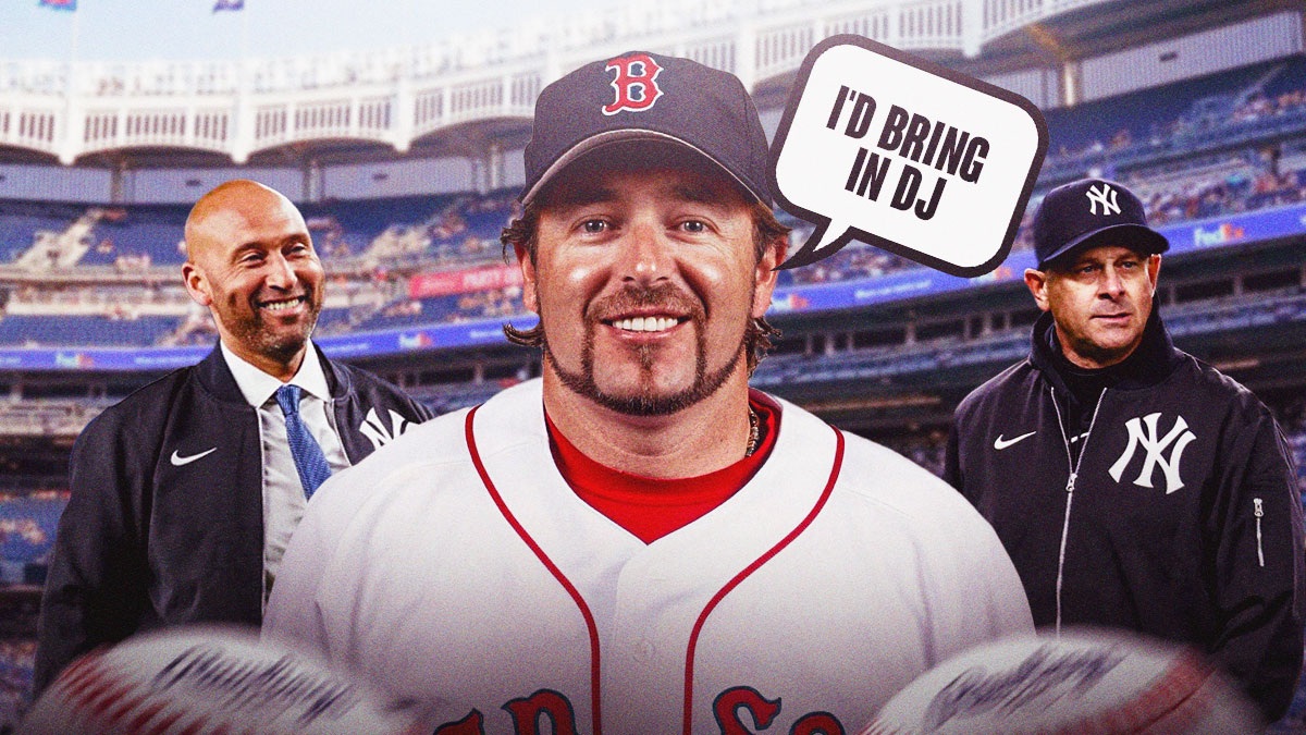 Kevin Millar in Red Sox gear/uniform with speech bubble saying "I'd bring in DJ." Derek Jeter and Aaron Boone (Yankees manager) next to him. Yankee Stadium background