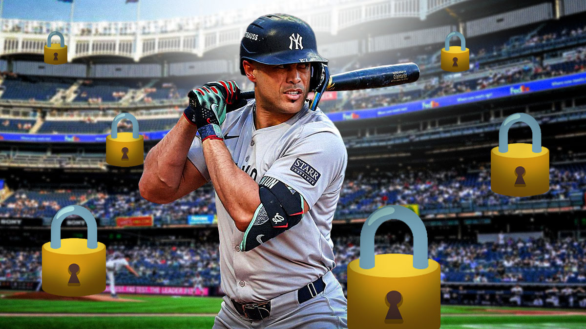 Giancarlo Stanton with a focused expression with lock emojis all around