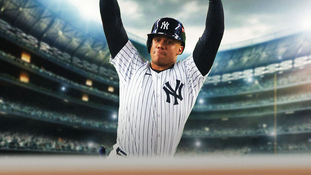 Juan Soto in a New York Yankees uniform celebrating as Soto hit the game winning home run for the Yankees against the Guardians.