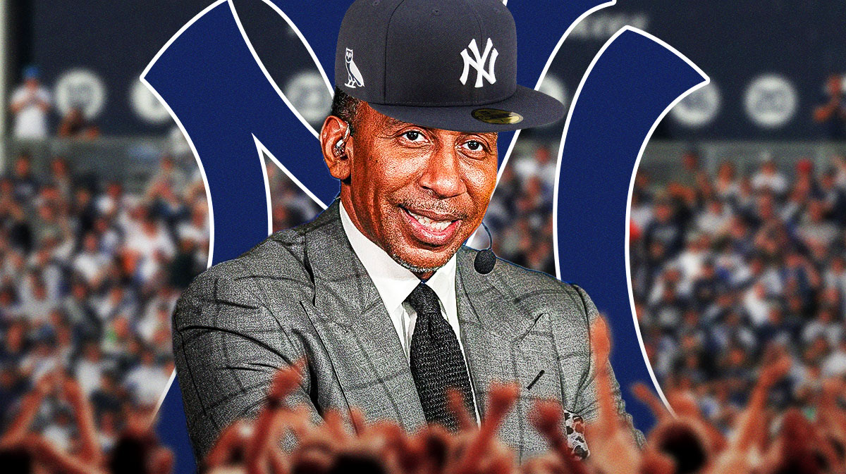 Stephen A Smith in a Yankees hat - Yankees logo - Yankees fans cheering in background