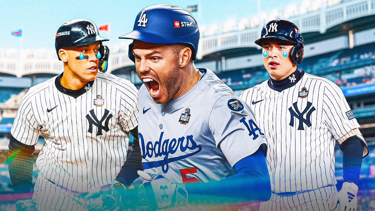 Aaron Judge, Anthony Volpe crying next to Freddie Freeman fired up