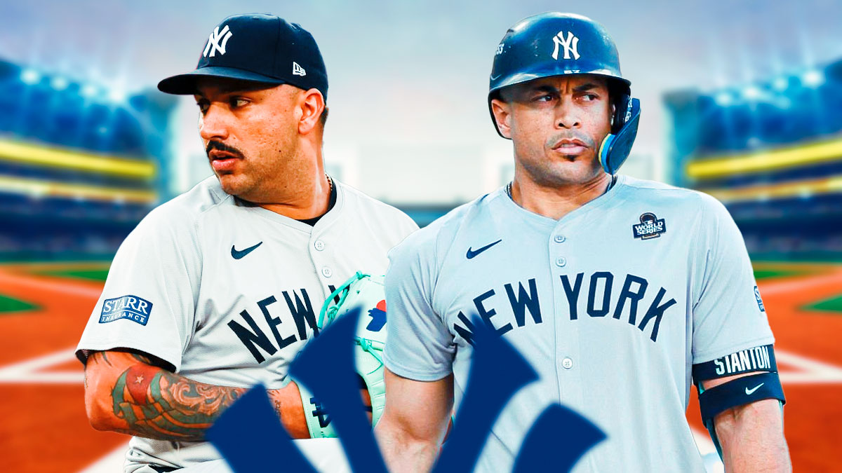 Photo: Giancarlo Stanton standing beside Nestor Cortes, both in Yankees jerseys