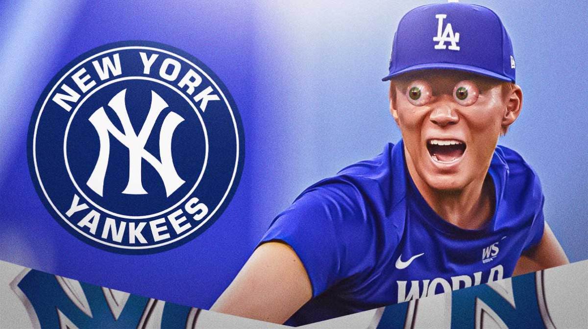 Yoshinobu Yamamoto looks at Yankees logo with bulging eyes