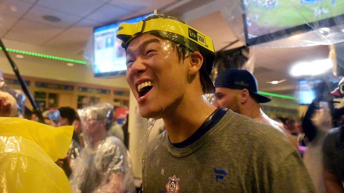 Yoshinobu Yamamoto post game celebration advancing to World Series