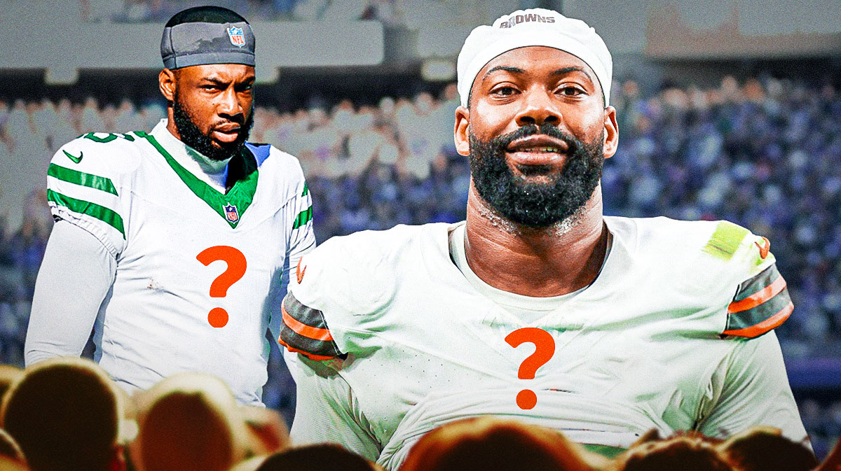 NFL trade deadline candidates Za'Darius Smith and Mike Williams with blank jerseys and question marks where the numbers would be