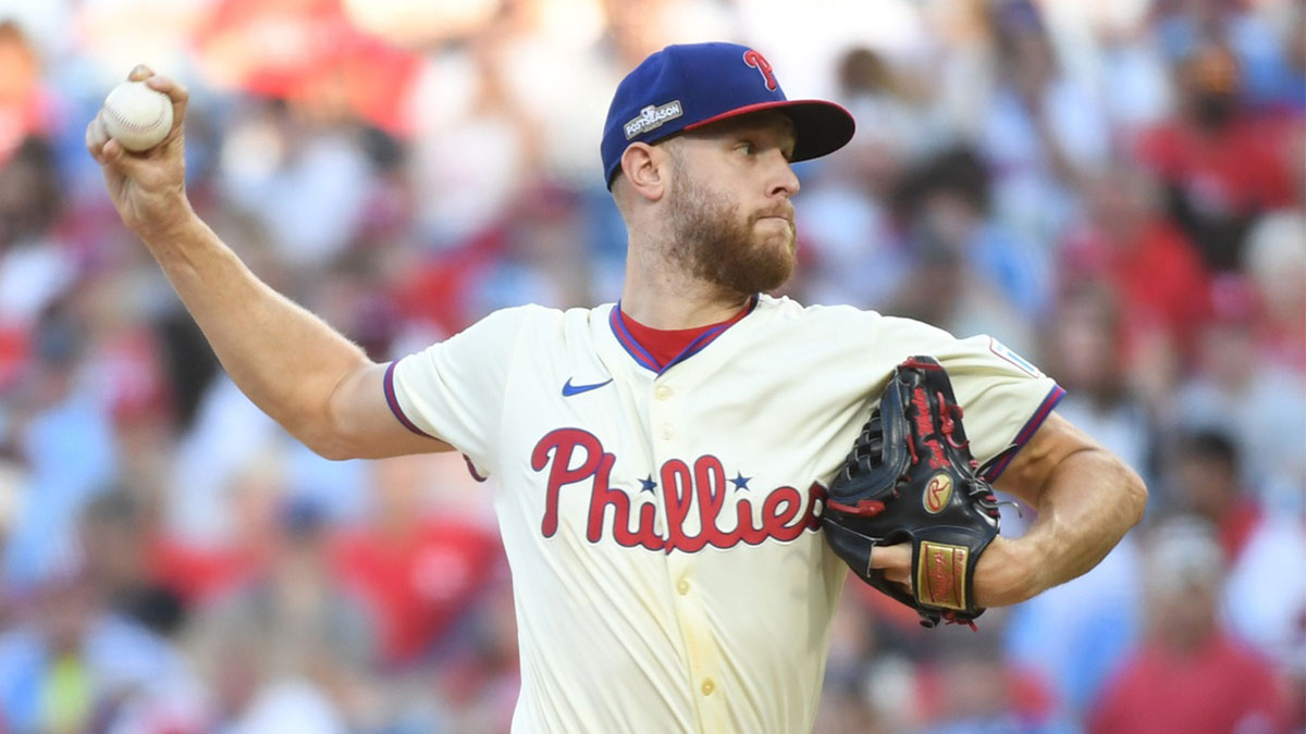 Oct 5, 2024; Philadelphia, PA, USA; Philadelphia Phillies pitcher Zack Wheeler (45) throws a pitch against the New York Mets in the seventh inning in game one of the NLDS for the 2024 MLB Playoffs at Citizens Bank Park.