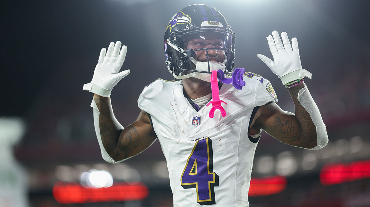 Baltimore Ravens wide receiver Zay Flowers (4) reacts after a play against the Tampa Bay Buccaneers in the second quarter at Raymond James Stadium.