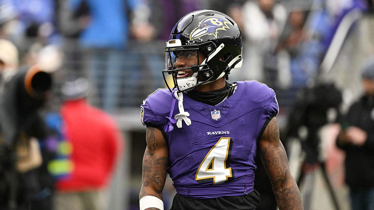 Baltimore Ravens wide receiver Zay Flowers (4) looks on from the field prior to the AFC Championship football game against the Kansas City Chiefs at M&T Bank Stadium.