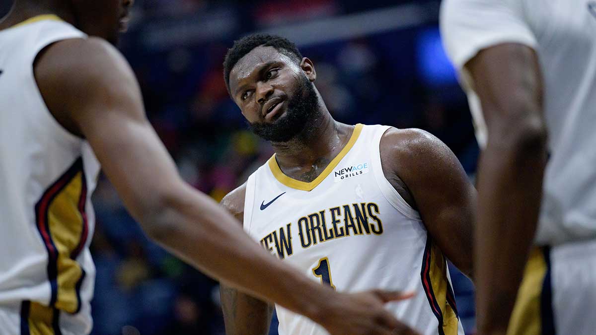 New Orleans Pelicans forward Zion Williamson (1) reacts during the first half against the Orlando Magic at Smoothie King Center.