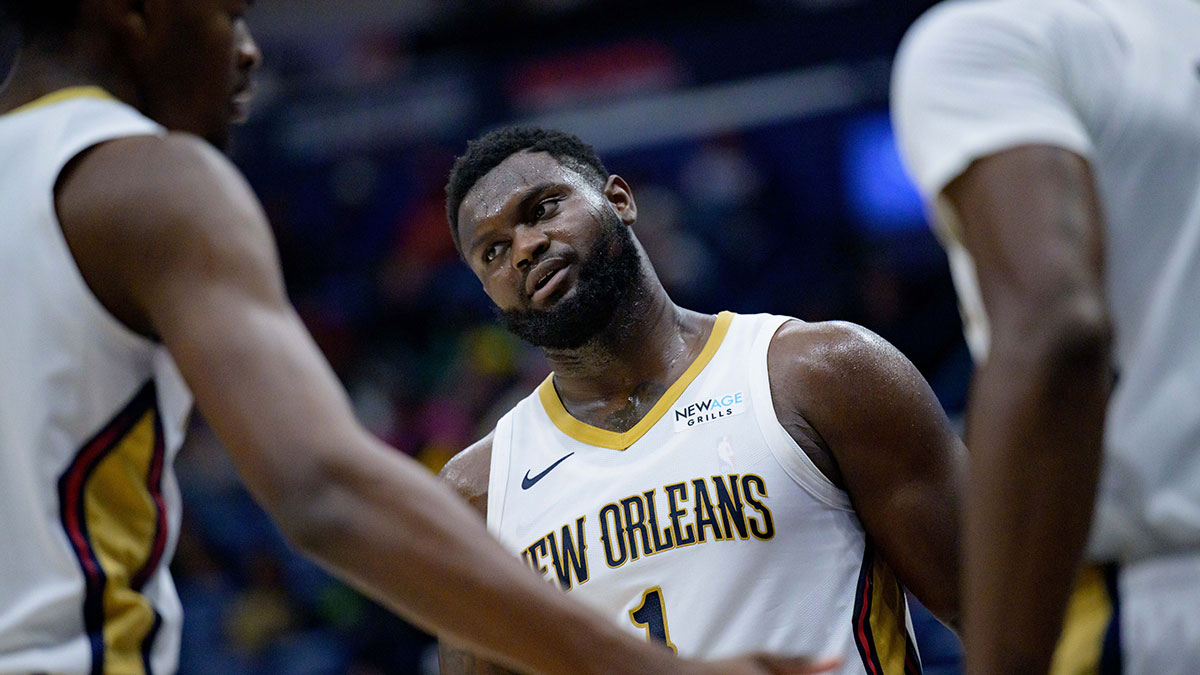 New Orleans Pelicans forward Zion Williamson (1) reacts during the first half against the Orlando Magic at Smoothie King Center.