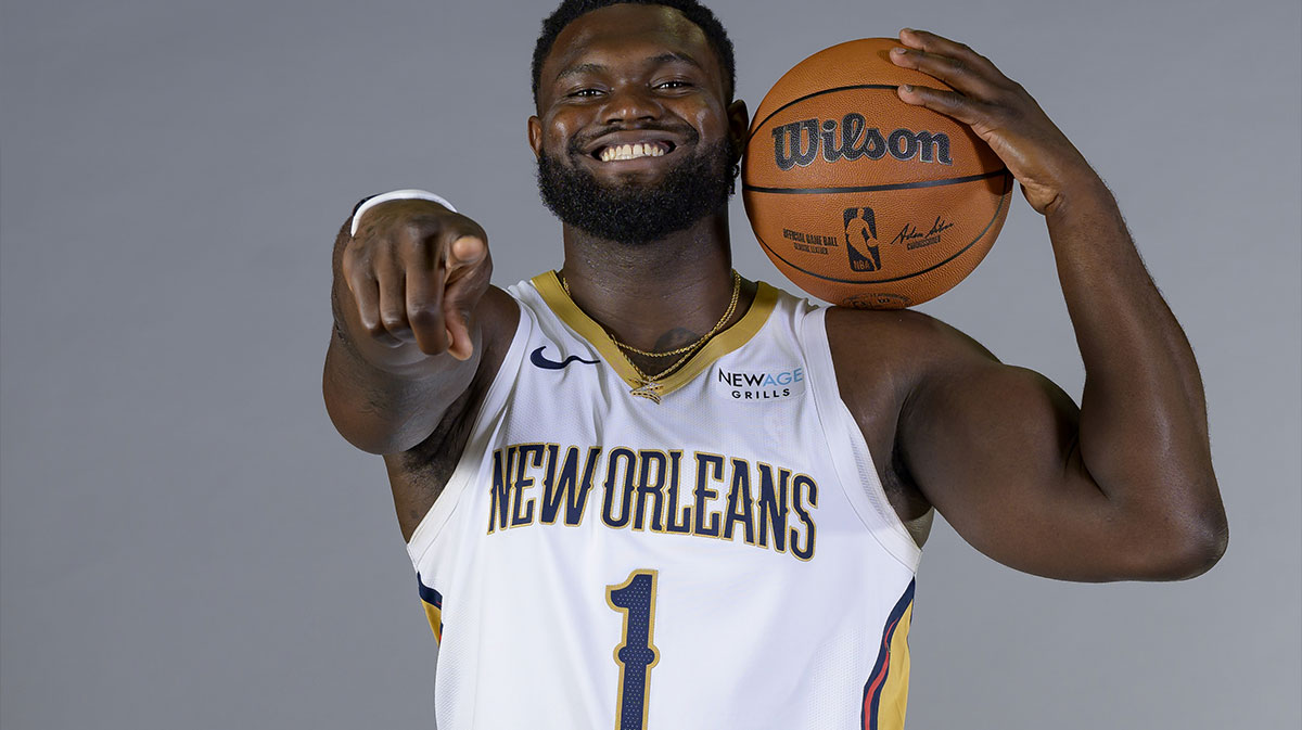 Sep 30, 2024; New Orleans, LA, USA; New Orleans Pelicans forward Zion Williamson (1) takes part in Pelicans Media Day at the Smoothie King Center. Mandatory Credit: Matthew Hinton-Imagn Images