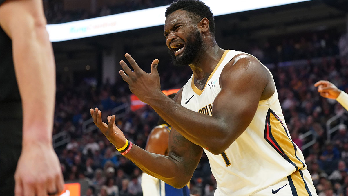 New Orleans Pelicans forward Zion Williamson (1) reacts to to a play during the second quarter against the Golden State Warriors at Chase Center.
