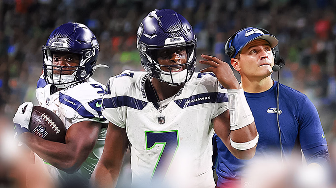 Geno Smith, Kenneth Walker III, and Mike Macdonald in front of the Seahawks stadium