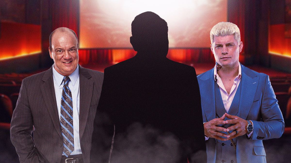 The blacked-out silhouette of Martin Scorsese next to Cody Rhodes and Paul Heyman inside a movie theater.