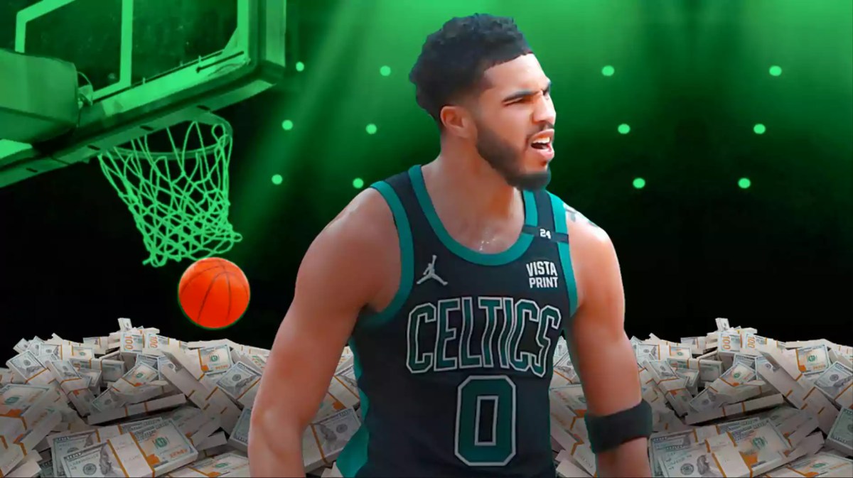 The Boston Celtics' Jayson Tatum surrounded by piles of cash.