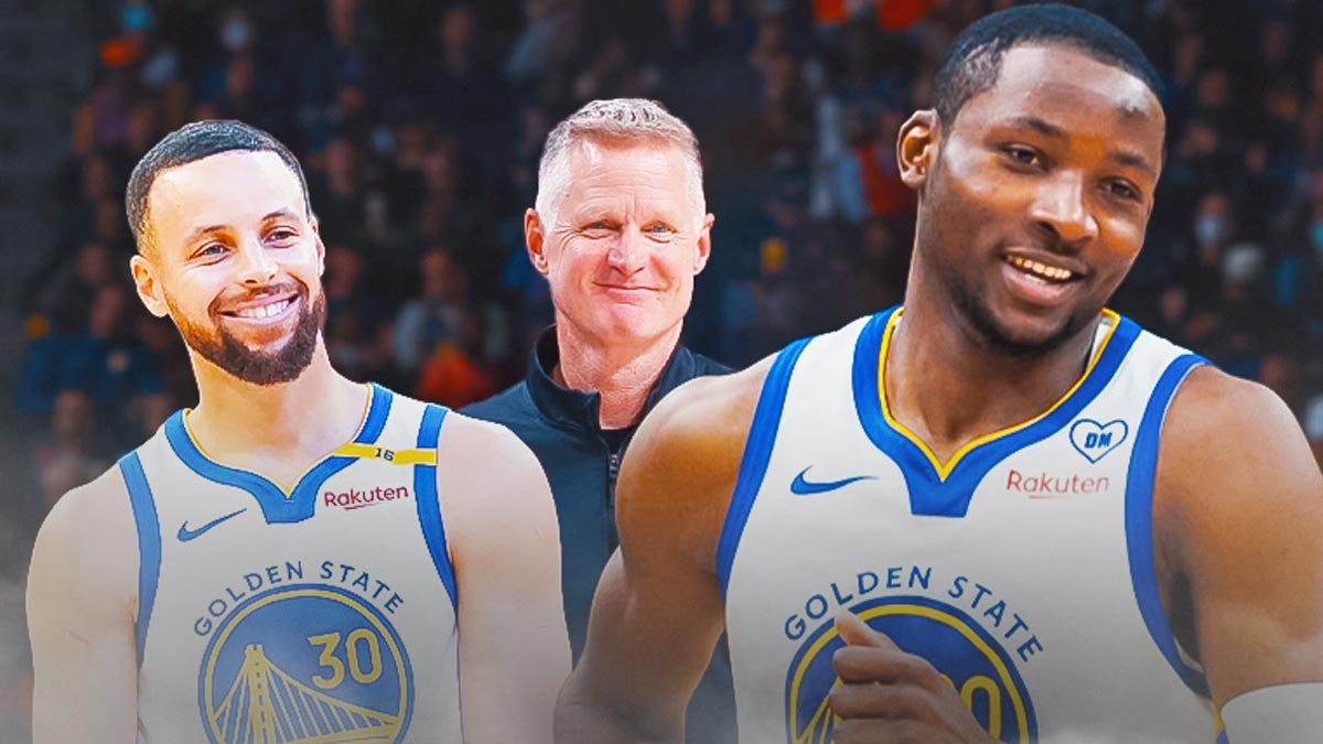 Warriors' Jonathan Kuminga with Stephen Curry and Steve Kerr