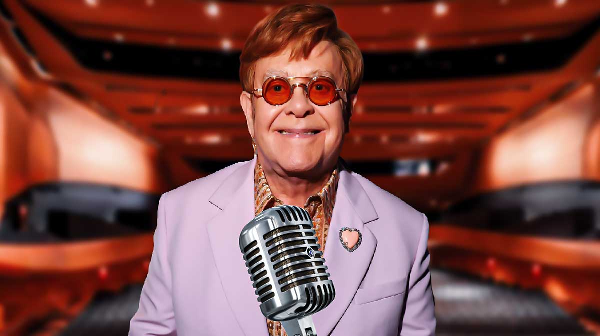 Elton John with Alice Tully Hall in New York City background, where he held a rare public performance.