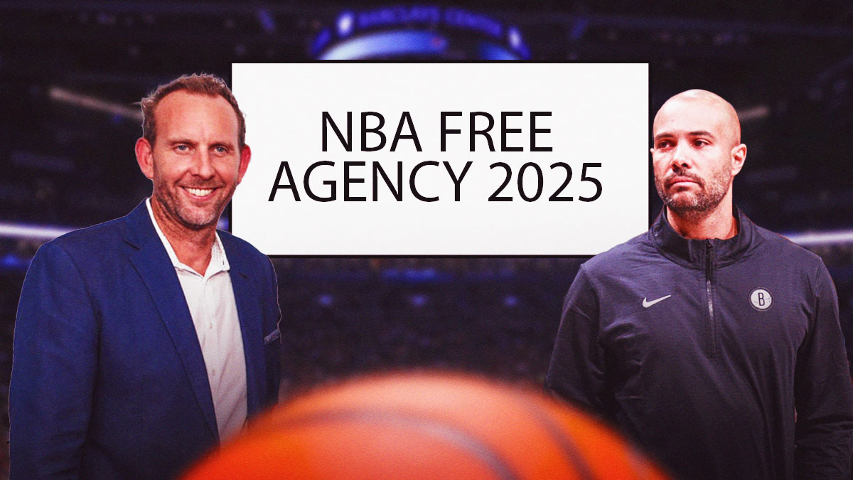 Sean Marks and Jordi Fernandez in front of a whiteboard that says "NBA Free Agency 2025"