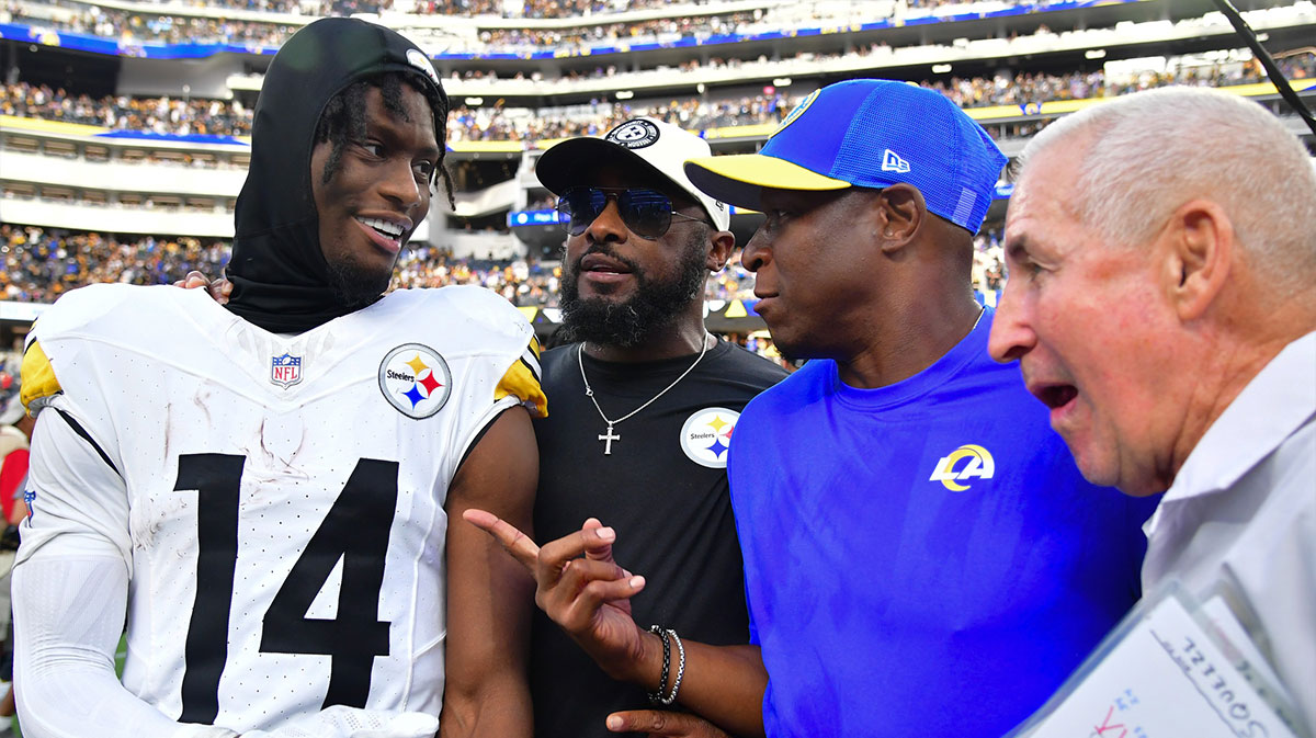 Pittsburgh Steelers wide receiver George Pickens (14) and head coach Mike Tomlin meet with Los Angeles Rams defensive coordinator Raheem Morris following the game at SoFi Stadium.