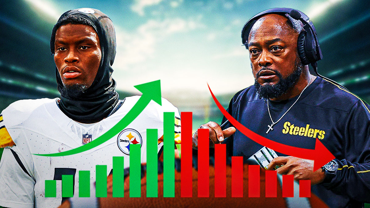 Mike Tomlin and George Pickens with two graphs, one with a green arrow pointing up and one with a red arrow pointing down.