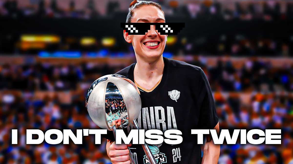Liberty's Breanna Stewart holding the 2024 WNBA championship while wearing thug life shades, with caption below: "I DON'T MISS TWICE"