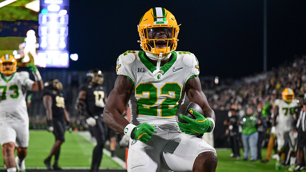 Oregon football Ducks running back Jay Harris (22) celebrates scoring a touchdown during the second half against the Purdue Boilermakers at Ross-Ade Stadium.